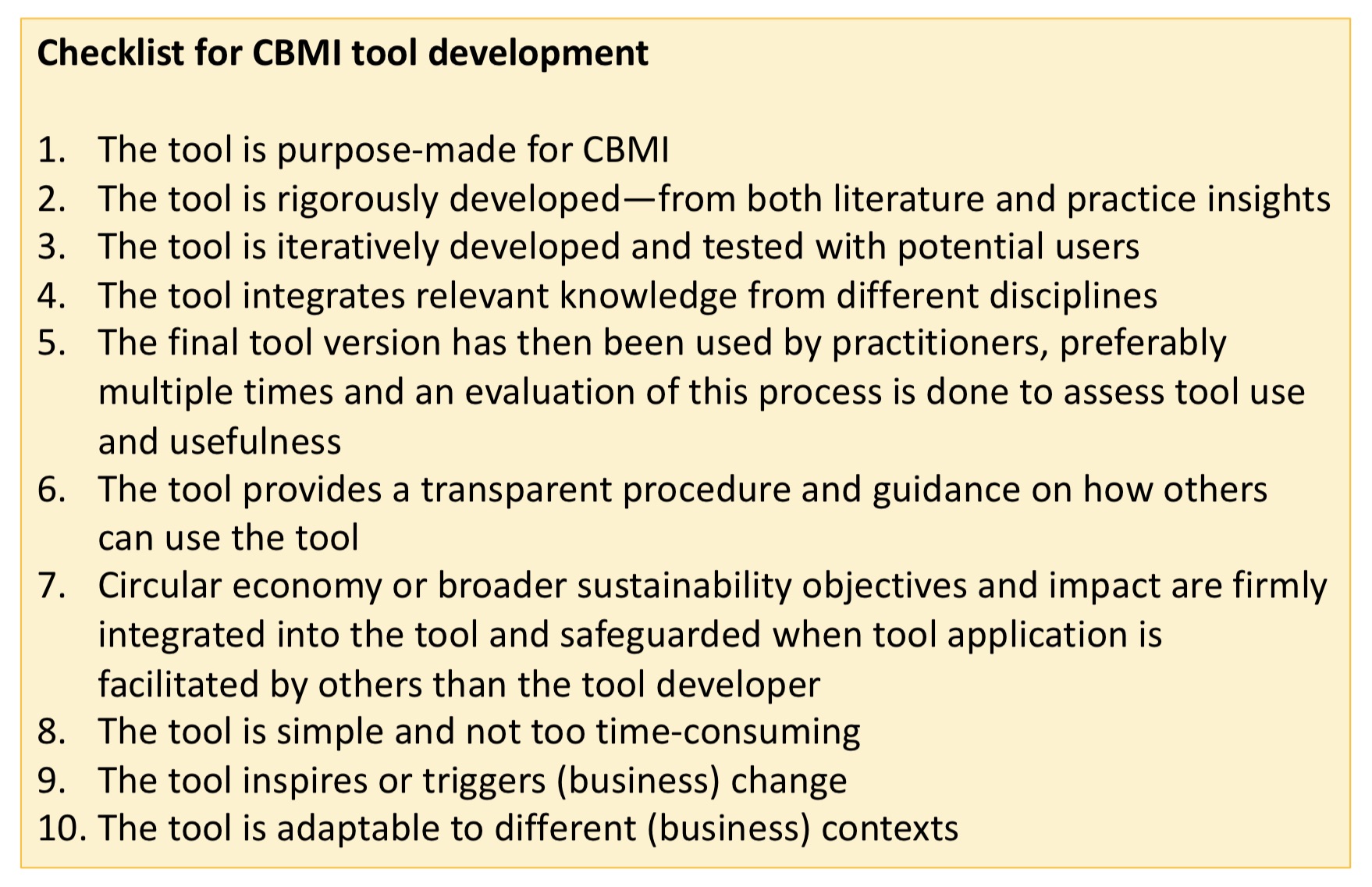 Checklist for tool CBMI development